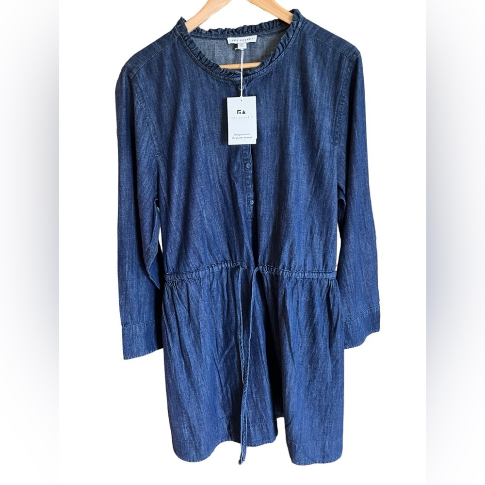 NWT Free Assembly Women's Denim Ruffle Neck Mini Dress Size XL